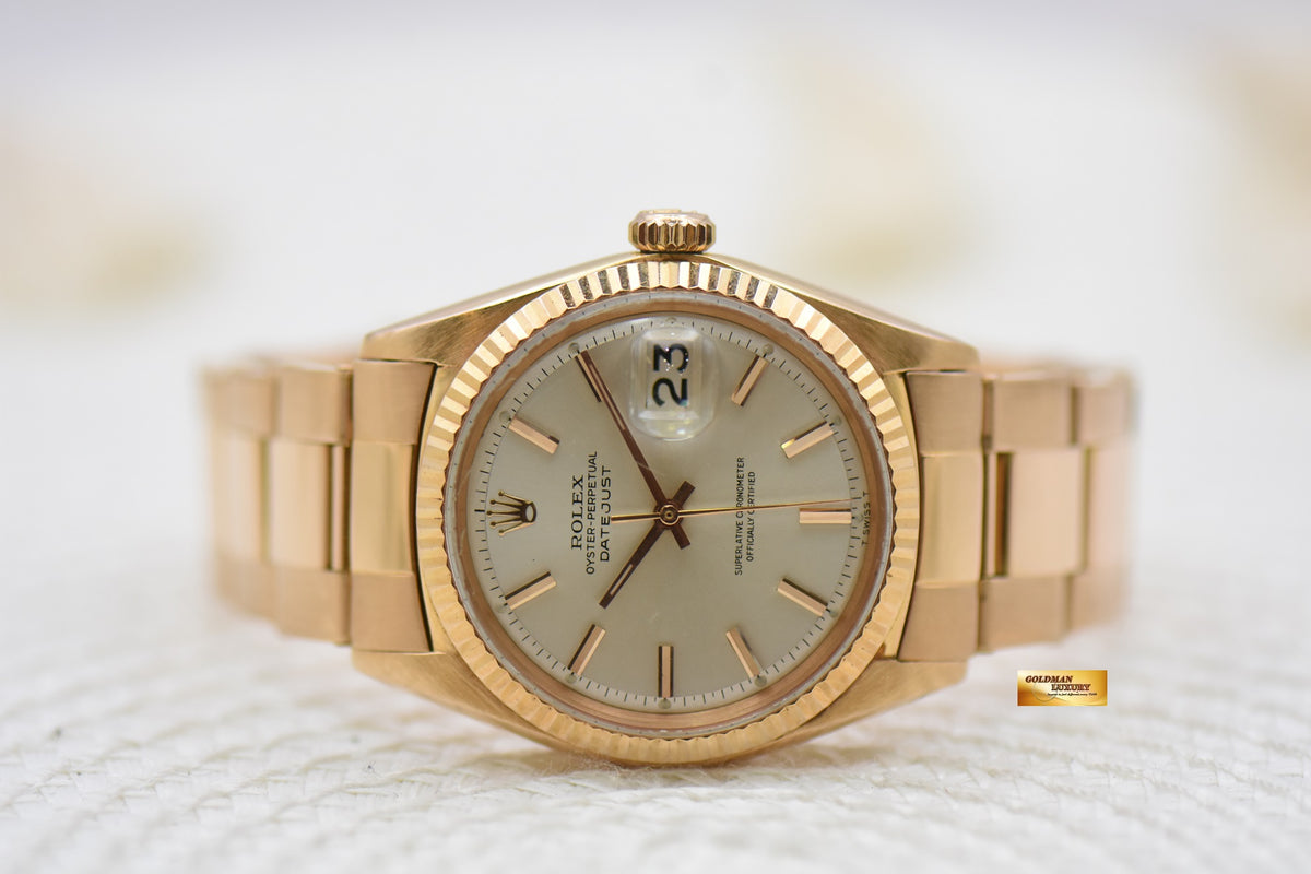 [SOLD] ROLEX OYSTER VINTAGE DATEJUST 36mm ROSE GOLD IN RIVETED BRACELET SILVER DIAL 1601 (VINTAGE-UNPOLISHED)