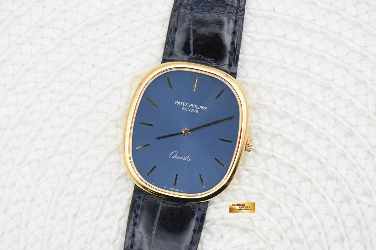 [SOLD] PATEK PHILIPPE GOLDEN ELLIPSE YELLOW GOLD IN LEATHER STRAP 30mm BLUE DIAL QUARTZ 3838J (MINT)