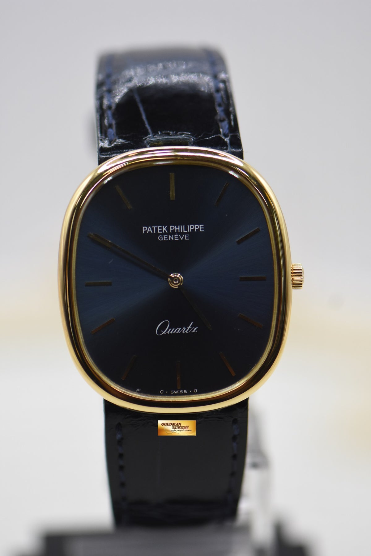 [SOLD] PATEK PHILIPPE GOLDEN ELLIPSE YELLOW GOLD IN LEATHER STRAP 30mm BLUE DIAL QUARTZ 3838J (MINT)