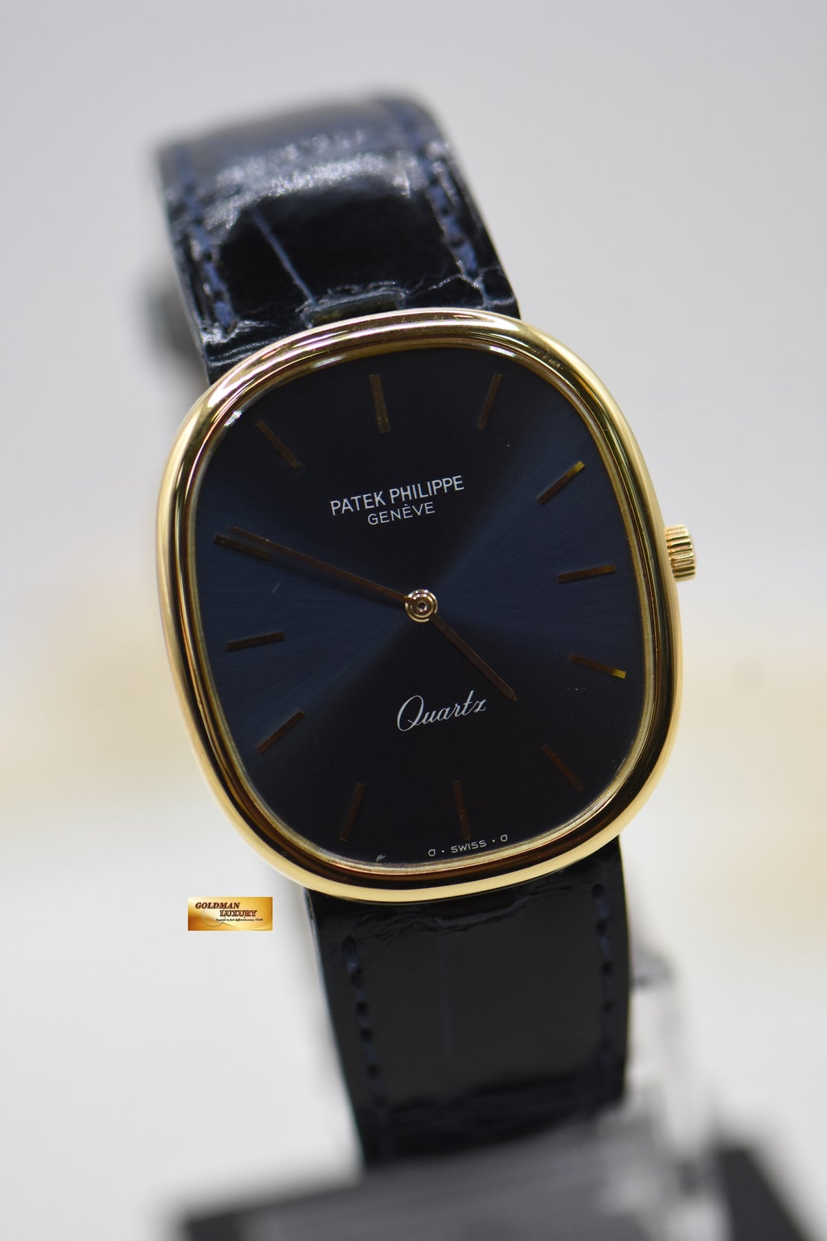 [SOLD] PATEK PHILIPPE GOLDEN ELLIPSE YELLOW GOLD IN LEATHER STRAP 30mm BLUE DIAL QUARTZ 3838J (MINT)
