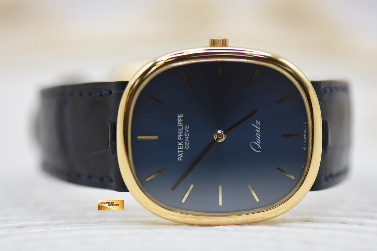 [SOLD] PATEK PHILIPPE GOLDEN ELLIPSE YELLOW GOLD IN LEATHER STRAP 30mm BLUE DIAL QUARTZ 3838J (MINT)