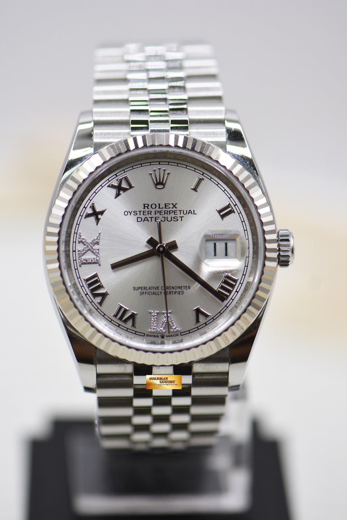 [SOLD] ROLEX OYSTER DATEJUST 36mm STEEL JUBILEE IN BRACELET SILVER ROMAN VIIX DIAMOND DIAL 126234 (MINT)
