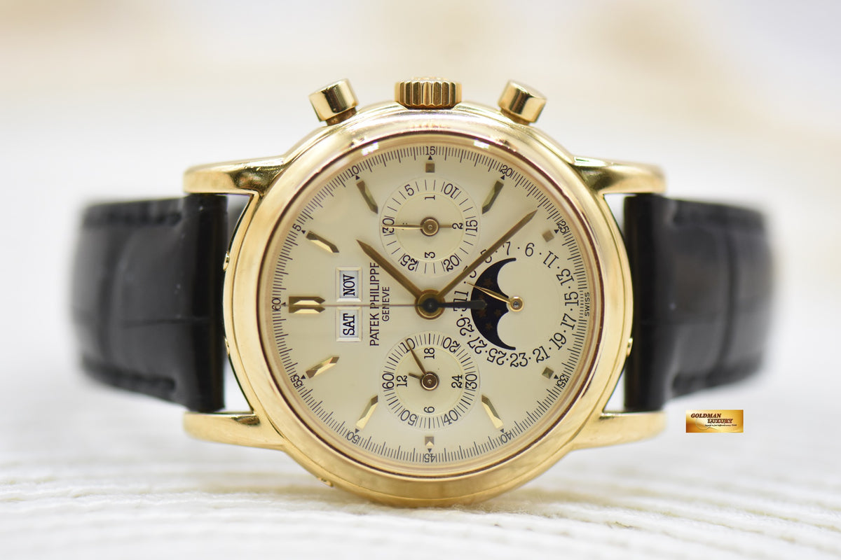 [SOLD] PATEK PHILIPPE PERPETUAL CHRONOGRAPH MOONPHASE 36mm YELLOW GOLD IN LEATHER STRAP MANUAL WINDING – 3RD SERIES – 3970EJ (VINTAGE-RARE)