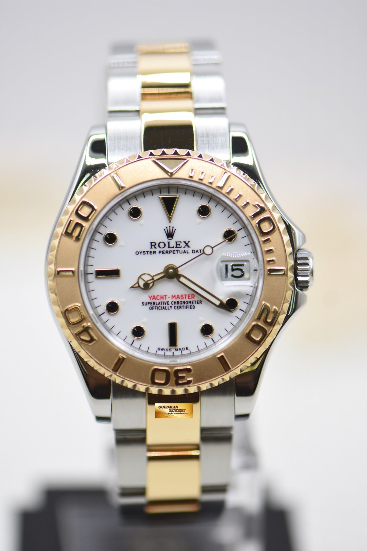 [SOLD] ROLEX OYSTER YACHT MASTER 35mm HALF GOLD IN  BRACELET WHITE DIAL 168623 (MINT)