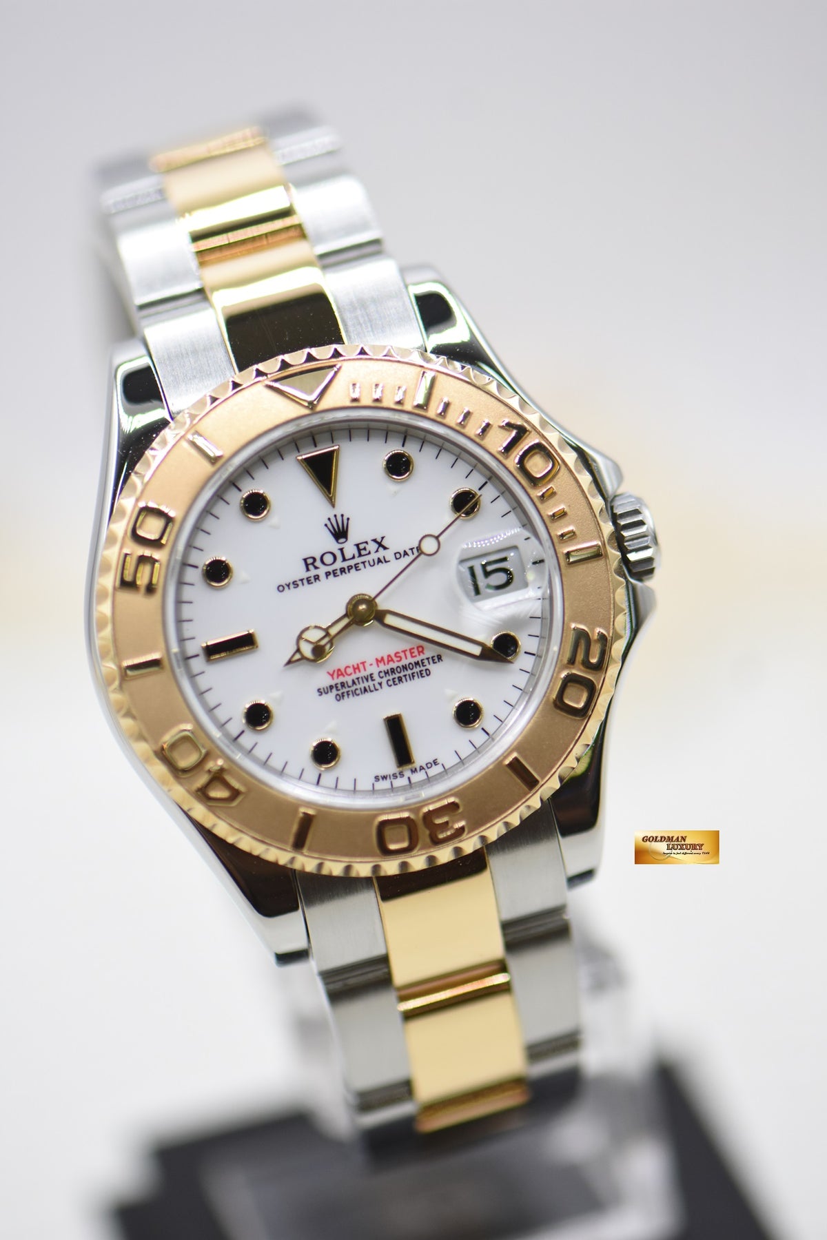 [SOLD] ROLEX OYSTER YACHT MASTER 35mm HALF GOLD IN  BRACELET WHITE DIAL 168623 (MINT)
