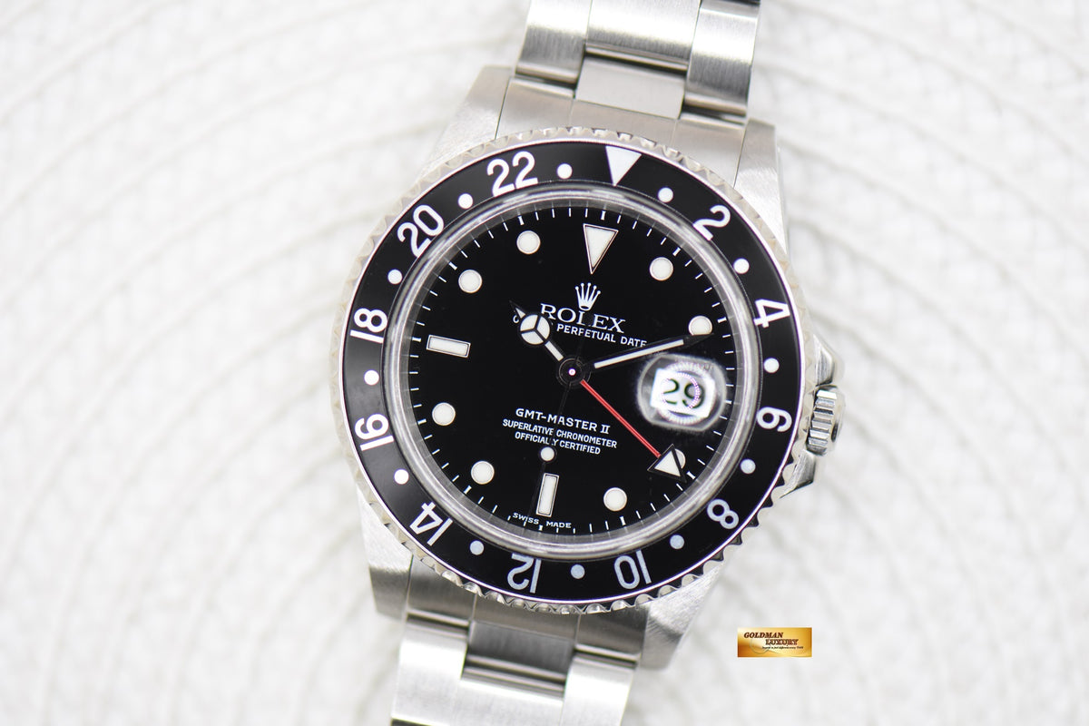 [SOLD] ROLEX OYSTER GMT-MASTER II 40mm STEEL BLACK BEZEL 16710 (MINT)