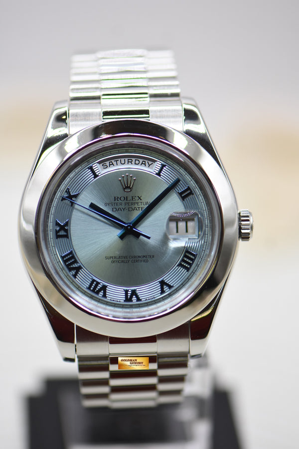 ROLEX OYSTER PERPETUAL DAY-DATE II 41mm PLATINUM PRESIDENT BRACELET ICE-BLUE DIAL 218206 (MINT)