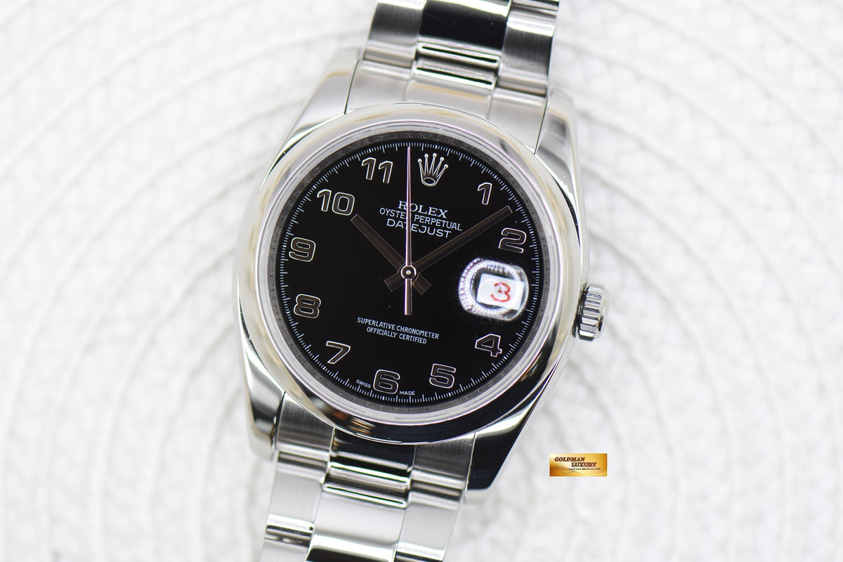 [SOLD] ROLEX OYSTER DATEJUST 36mm STEEL IN BRACELET BLACK ARABIC DIAL 116200 ROULETTE DATE WHEEL (MINT)