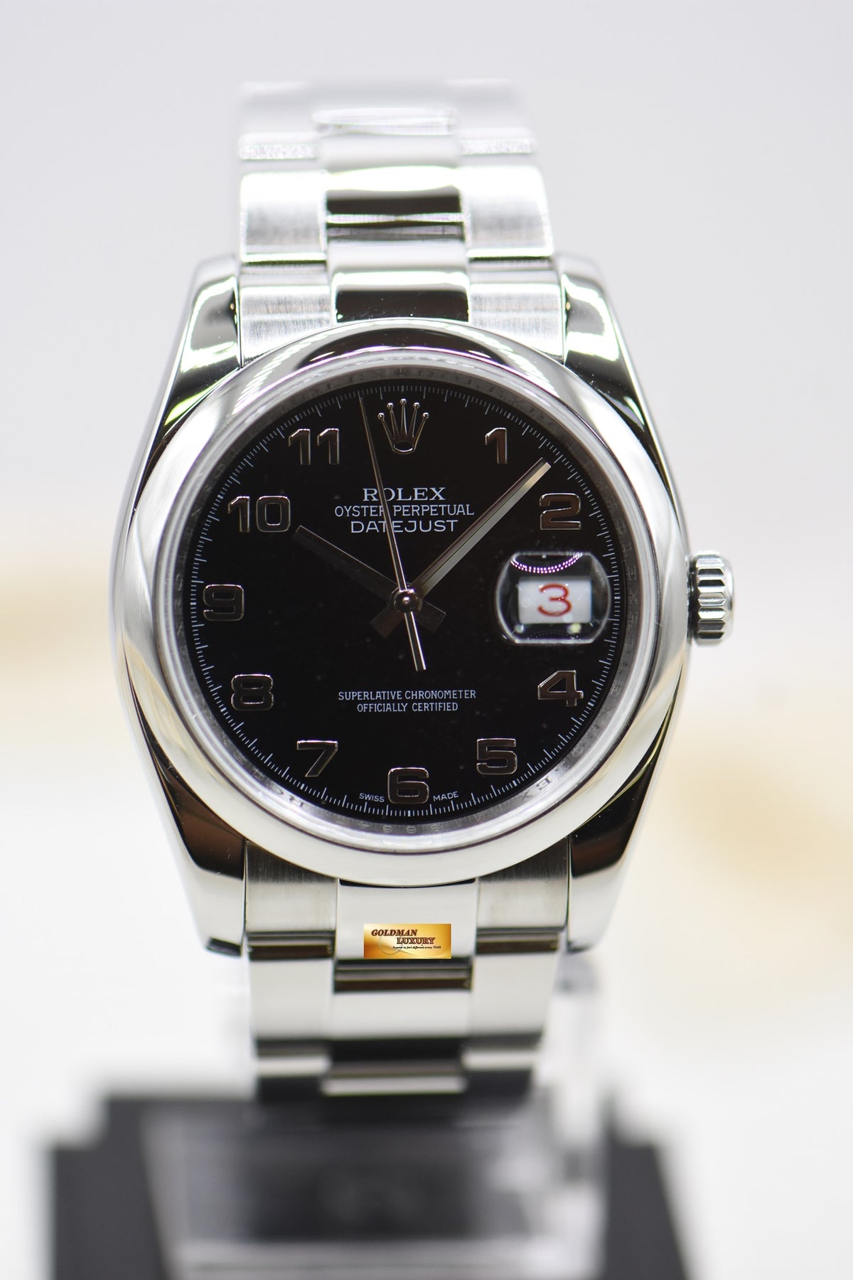[SOLD] ROLEX OYSTER DATEJUST 36mm STEEL IN BRACELET BLACK ARABIC DIAL 116200 ROULETTE DATE WHEEL (MINT)