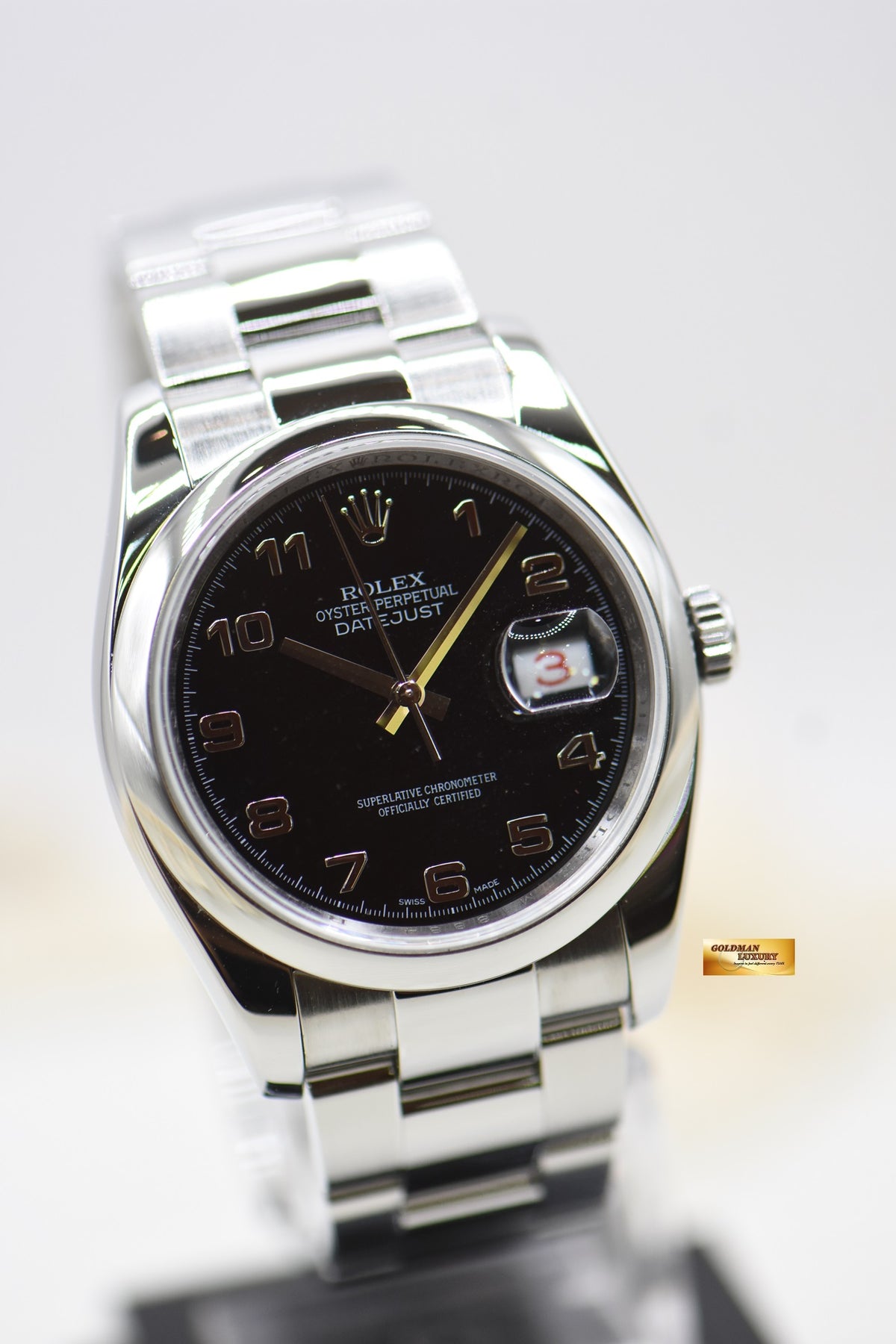 [SOLD] ROLEX OYSTER DATEJUST 36mm STEEL IN BRACELET BLACK ARABIC DIAL 116200 ROULETTE DATE WHEEL (MINT)