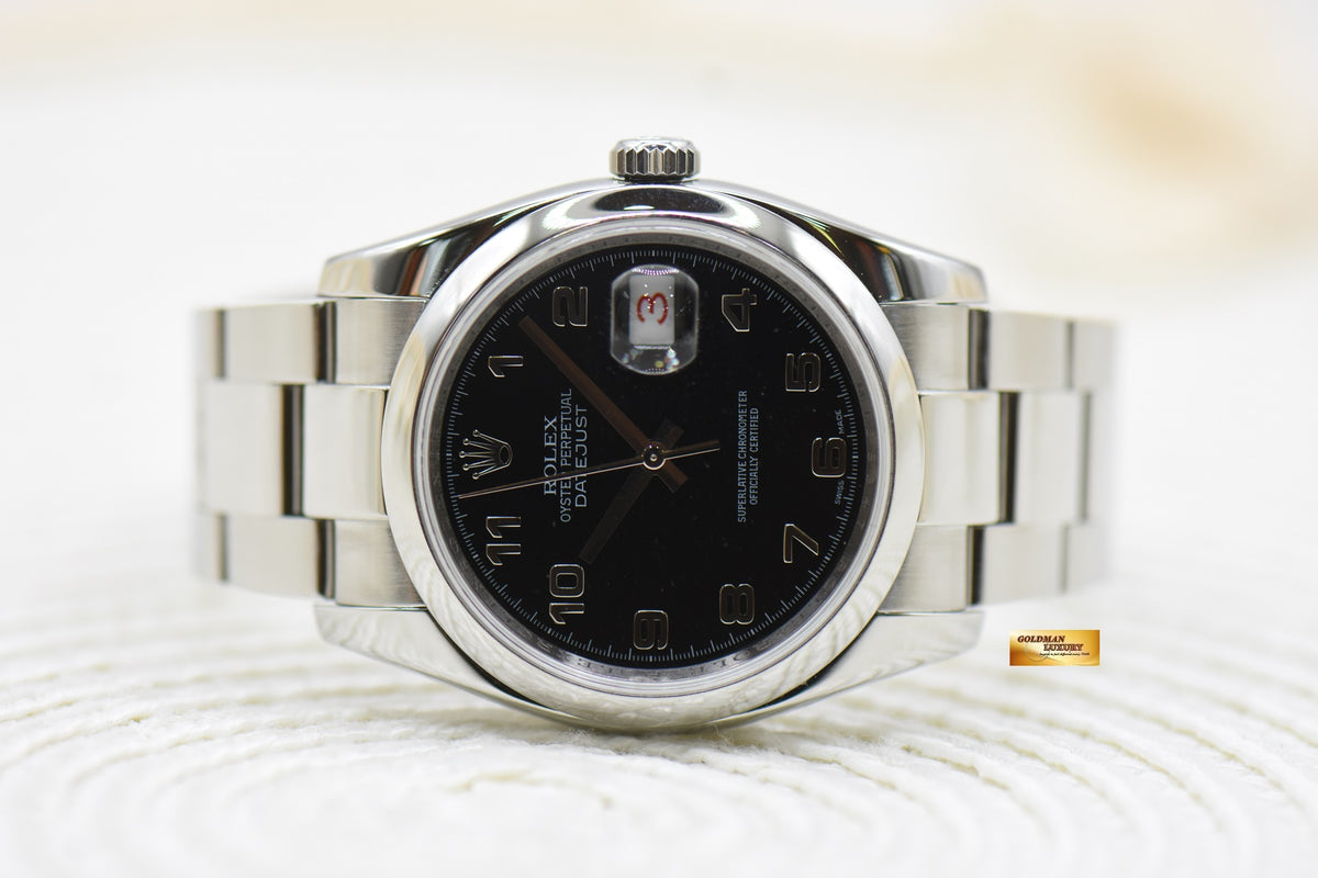 [SOLD] ROLEX OYSTER DATEJUST 36mm STEEL IN BRACELET BLACK ARABIC DIAL 116200 ROULETTE DATE WHEEL (MINT)