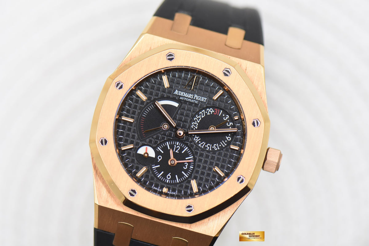 [SOLD] AUDEMARS PIGUET ROYAL OAK DUAL TIME POWER RESERVE 39mm ROSE GOLD IN LEATHER STRAP BLACK DIAL AUTOMATIC 26120OR (MINT)