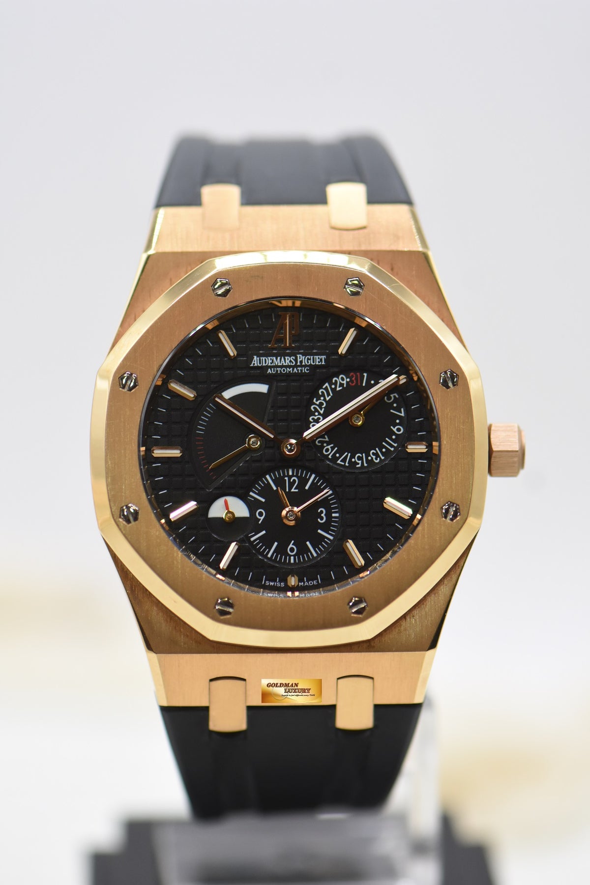 [SOLD] AUDEMARS PIGUET ROYAL OAK DUAL TIME POWER RESERVE 39mm ROSE GOLD IN LEATHER STRAP BLACK DIAL AUTOMATIC 26120OR (MINT)