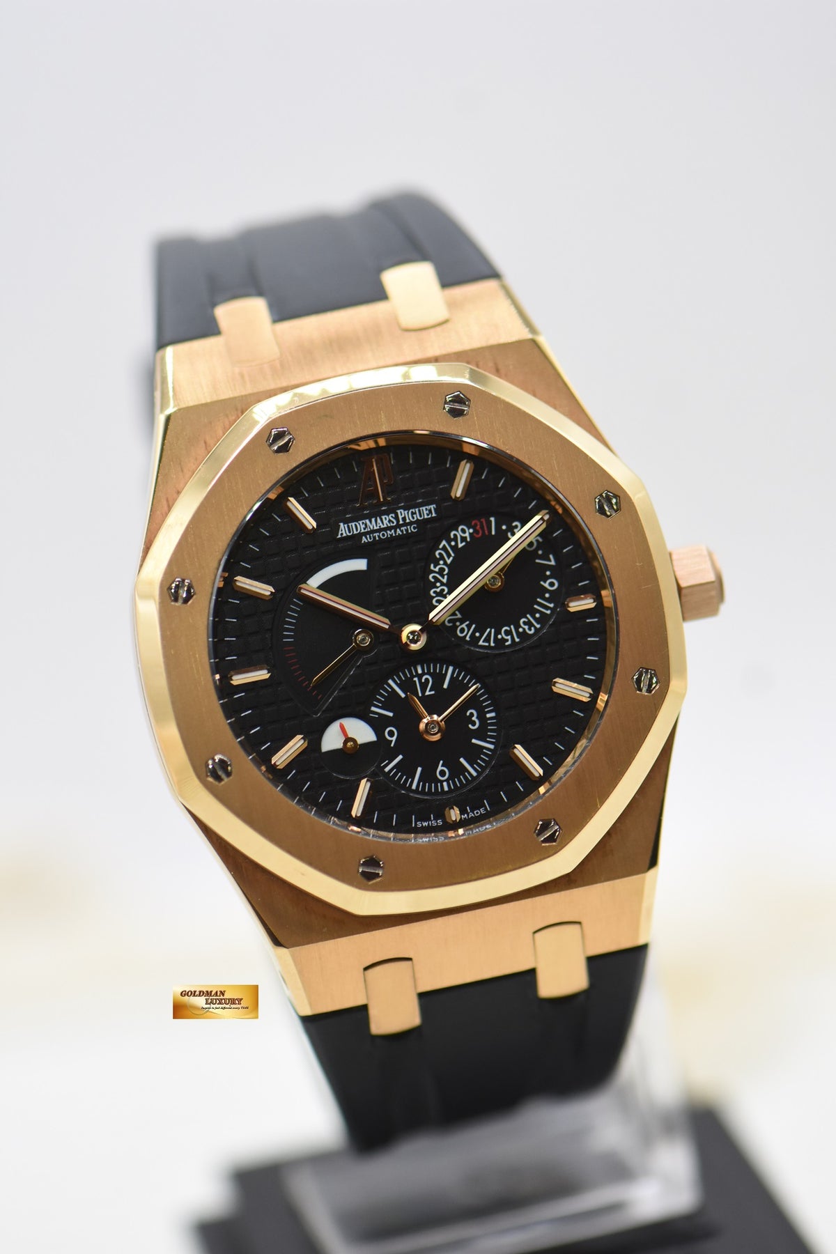 [SOLD] AUDEMARS PIGUET ROYAL OAK DUAL TIME POWER RESERVE 39mm ROSE GOLD IN LEATHER STRAP BLACK DIAL AUTOMATIC 26120OR (MINT)