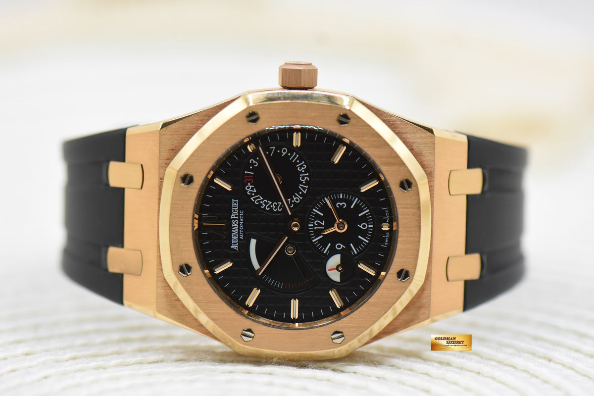 [SOLD] AUDEMARS PIGUET ROYAL OAK DUAL TIME POWER RESERVE 39mm ROSE GOLD IN LEATHER STRAP BLACK DIAL AUTOMATIC 26120OR (MINT)