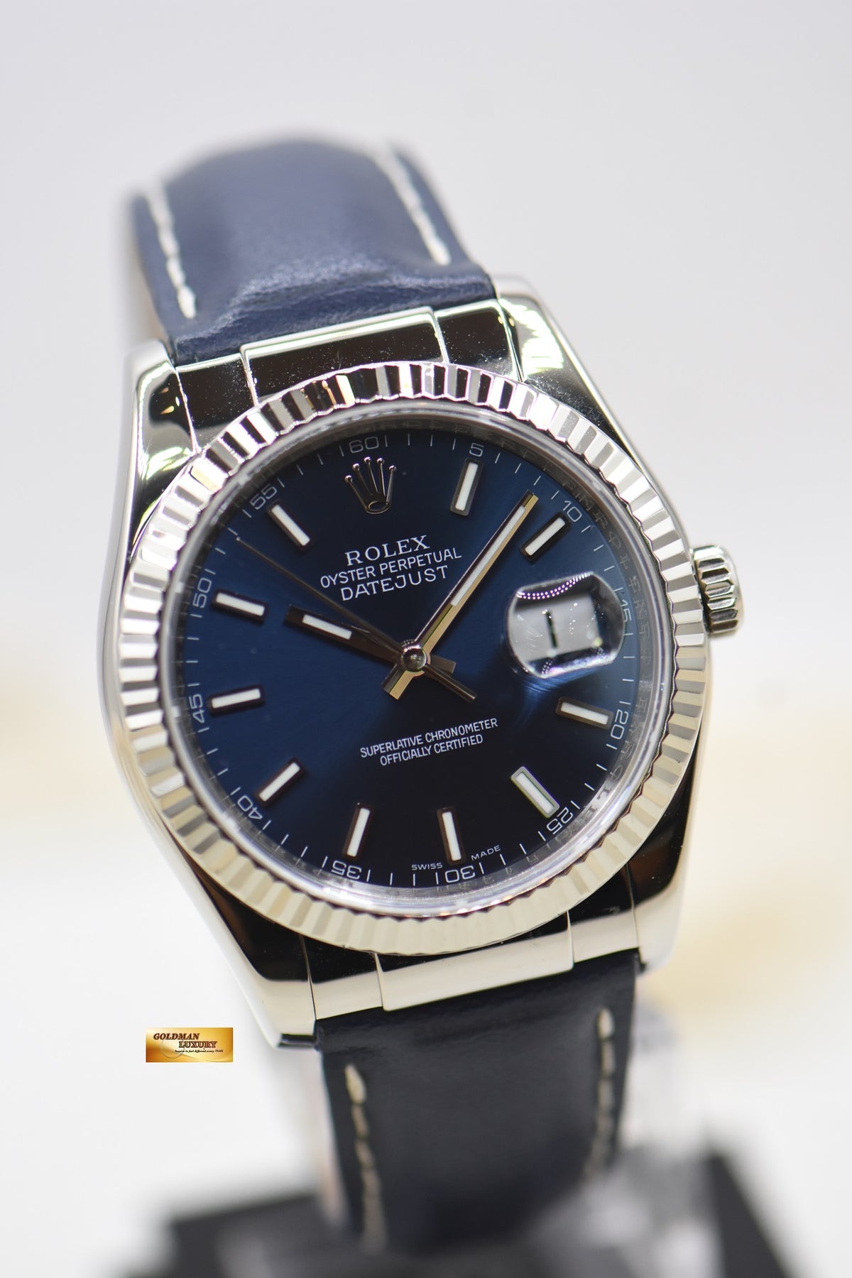 [SOLD] ROLEX OYSTER DATEJUST 36mm WHITE GOLD IN LEATHER STRAP BLUE DIAL 116139 (MINT)