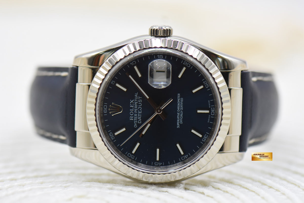 [SOLD] ROLEX OYSTER DATEJUST 36mm WHITE GOLD IN LEATHER STRAP BLUE DIAL 116139 (MINT)