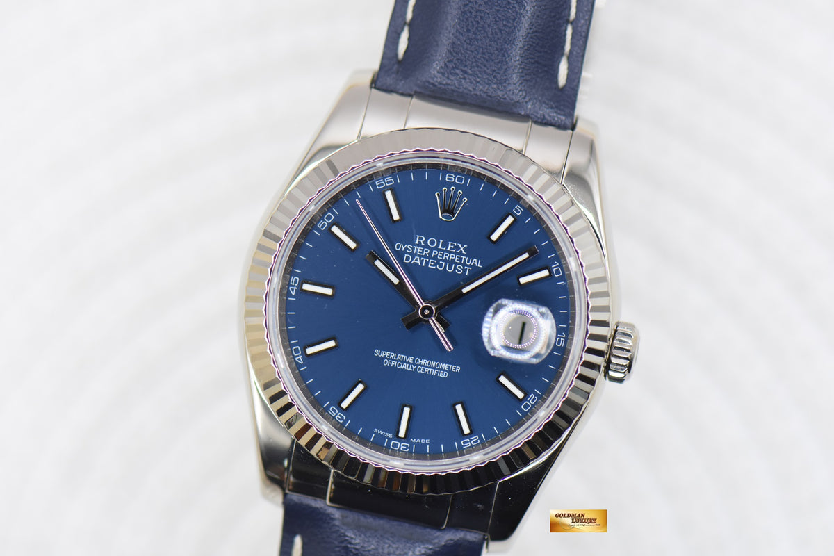 [SOLD] ROLEX OYSTER DATEJUST 36mm WHITE GOLD IN LEATHER STRAP BLUE DIAL 116139 (MINT)