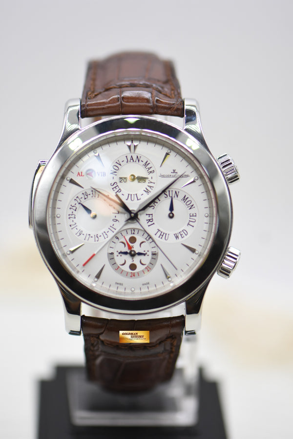 JLC MASTER GRAND REVEIL PERPETUAL ALARM 43mm STEEL IN LEATHER STRAP AUTOMATIC 149.8.95 (MINT)