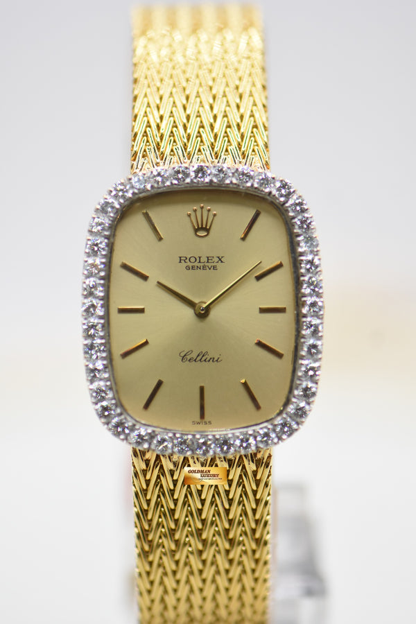 [SOLD] ROLEX CELLINI LADIES 18K YELLOW GOLD WOVEN-LIKE BRACELET DIAMOND BEZEL MANUAL WINDING 4111 (MINT)