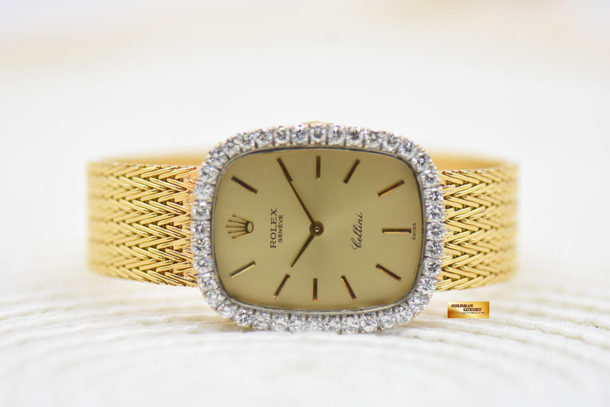 [SOLD] ROLEX CELLINI LADIES 18K YELLOW GOLD WOVEN-LIKE BRACELET DIAMOND BEZEL MANUAL WINDING 4111 (MINT)