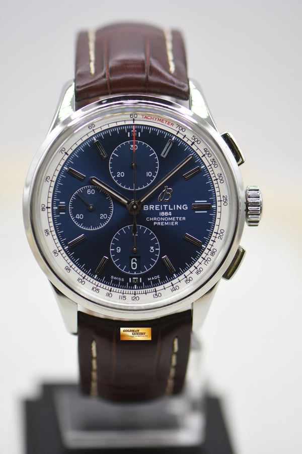 BREITLING PREMIER CHRONOGRAPH 42mm STEEL IN LEATHER STRAP BLUE A13315351C1P2 AUTOMATIC (MINT)