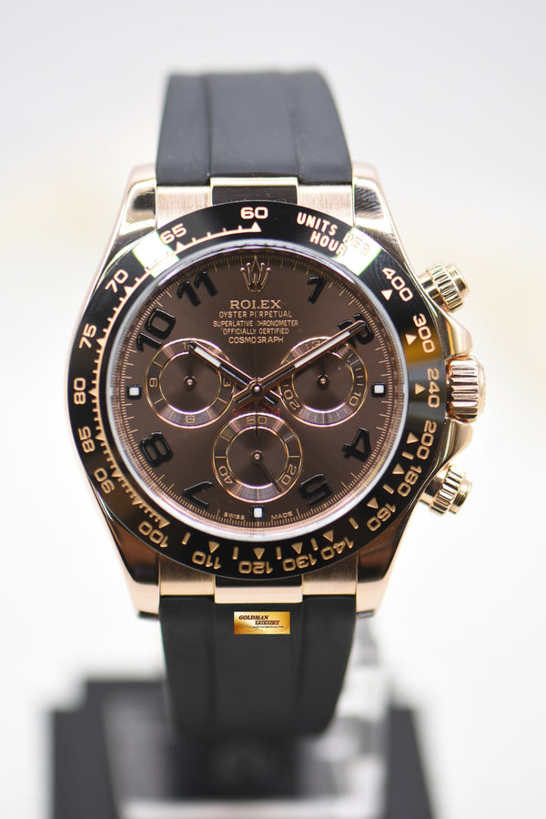 ROLEX OYSTER PERPETUAL DAYTONA EVEROSE GOLD IN RUBBER STRAP BROWN ARABIC DIAL 116515 (MINT)