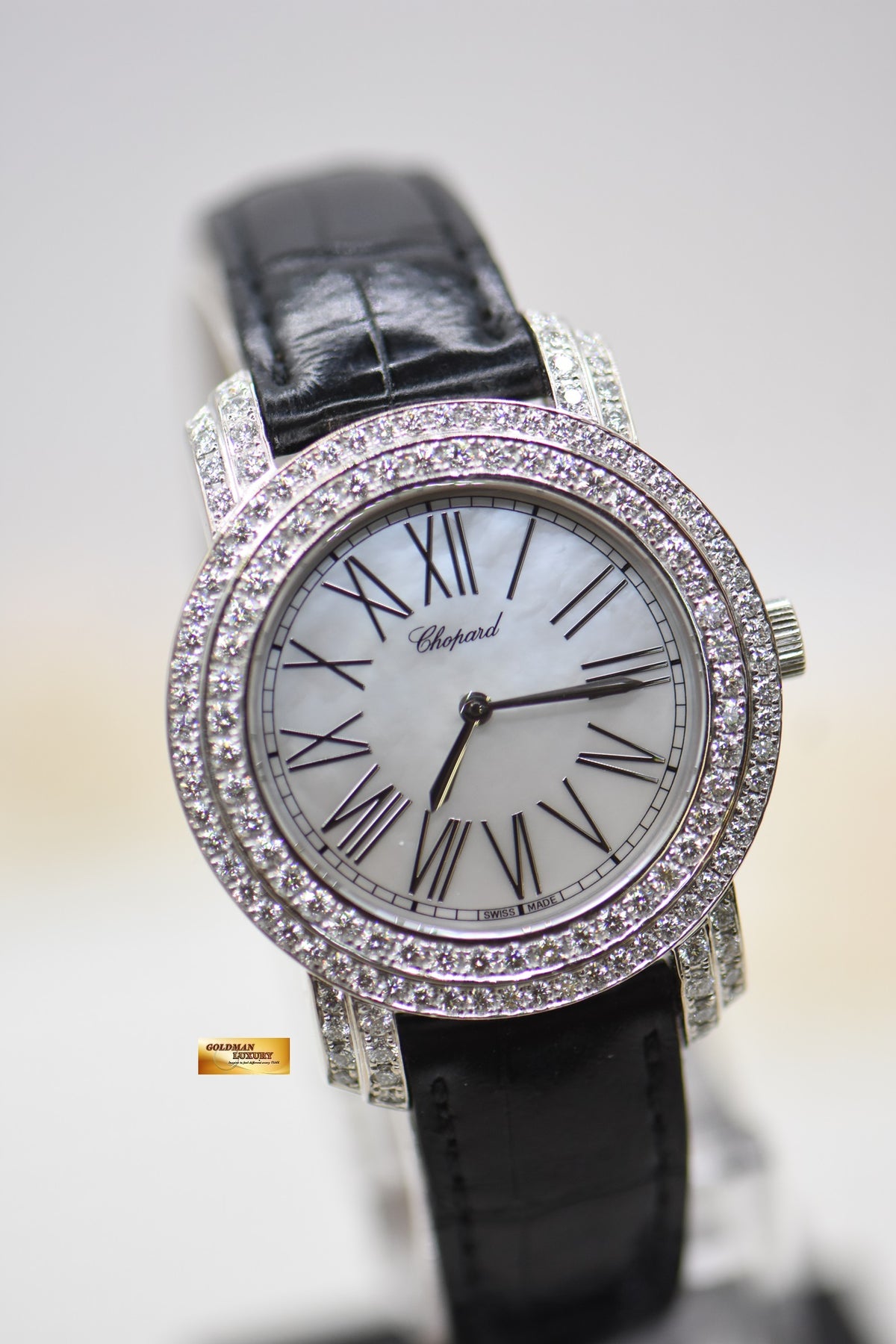 CHOPARD L’Heure Du DIAMANT LADIES 33mm WHITE GOLD IN LEATHER STRAP MOP QUARTZ 139339 (MINT)