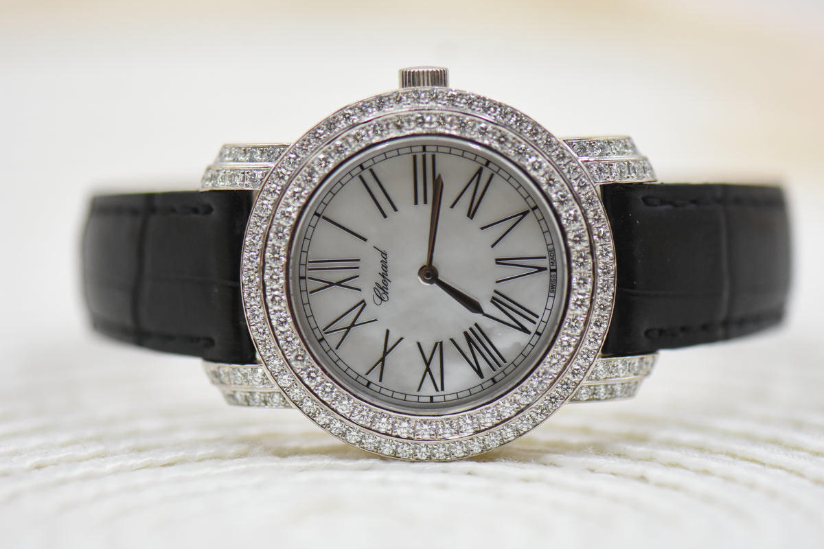 CHOPARD L’Heure Du DIAMANT LADIES 33mm WHITE GOLD IN LEATHER STRAP MOP QUARTZ 139339 (MINT)