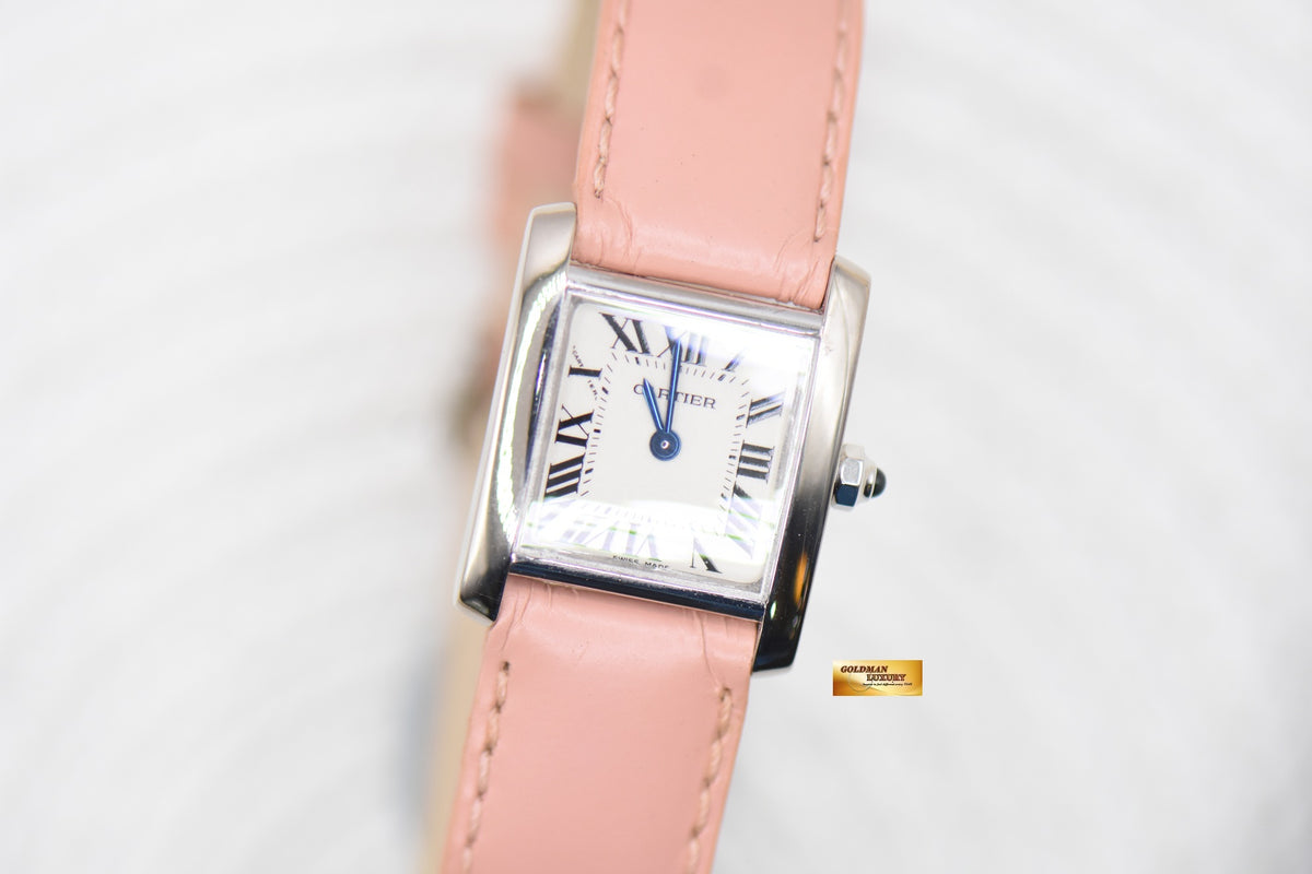 CARTIER TANK FRANCAISE LADIES WHITE GOLD IN LEATHER QUARTZ W5001256 (MINT)