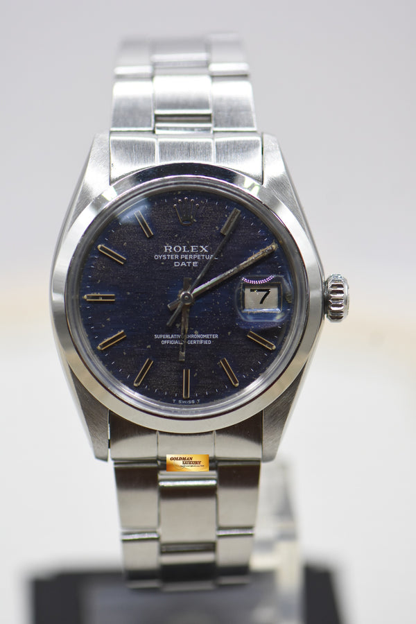 ROLEX OYSTER PERPETUAL DATE 34mm STEEL IN BRACELET AGED BLUE DIAL 1500 (VINTAGE)