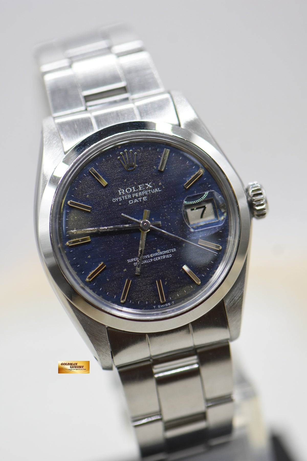 ROLEX OYSTER PERPETUAL DATE 34mm STEEL IN BRACELET AGED BLUE DIAL 1500 (VINTAGE)