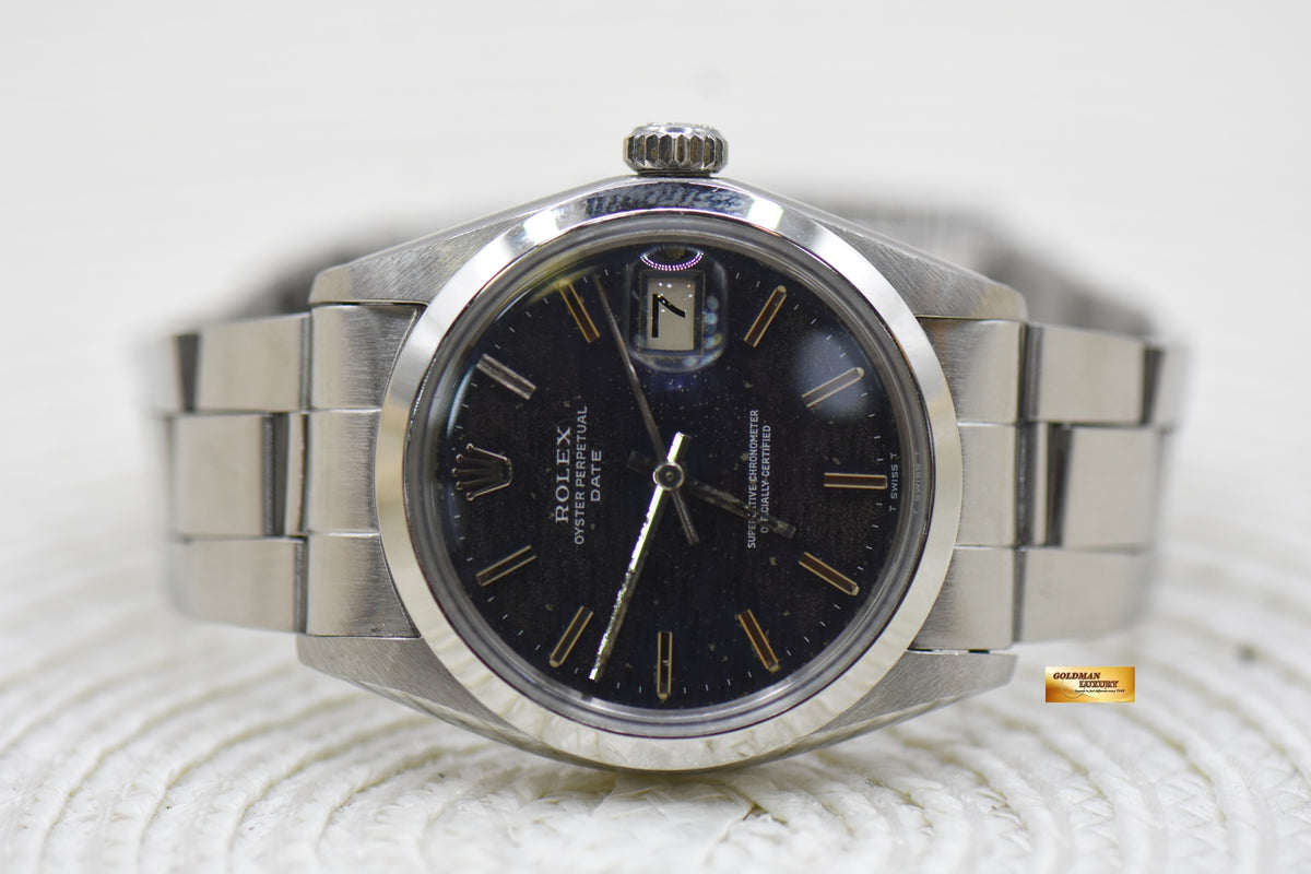 ROLEX OYSTER PERPETUAL DATE 34mm STEEL IN BRACELET AGED BLUE DIAL 1500 (VINTAGE)