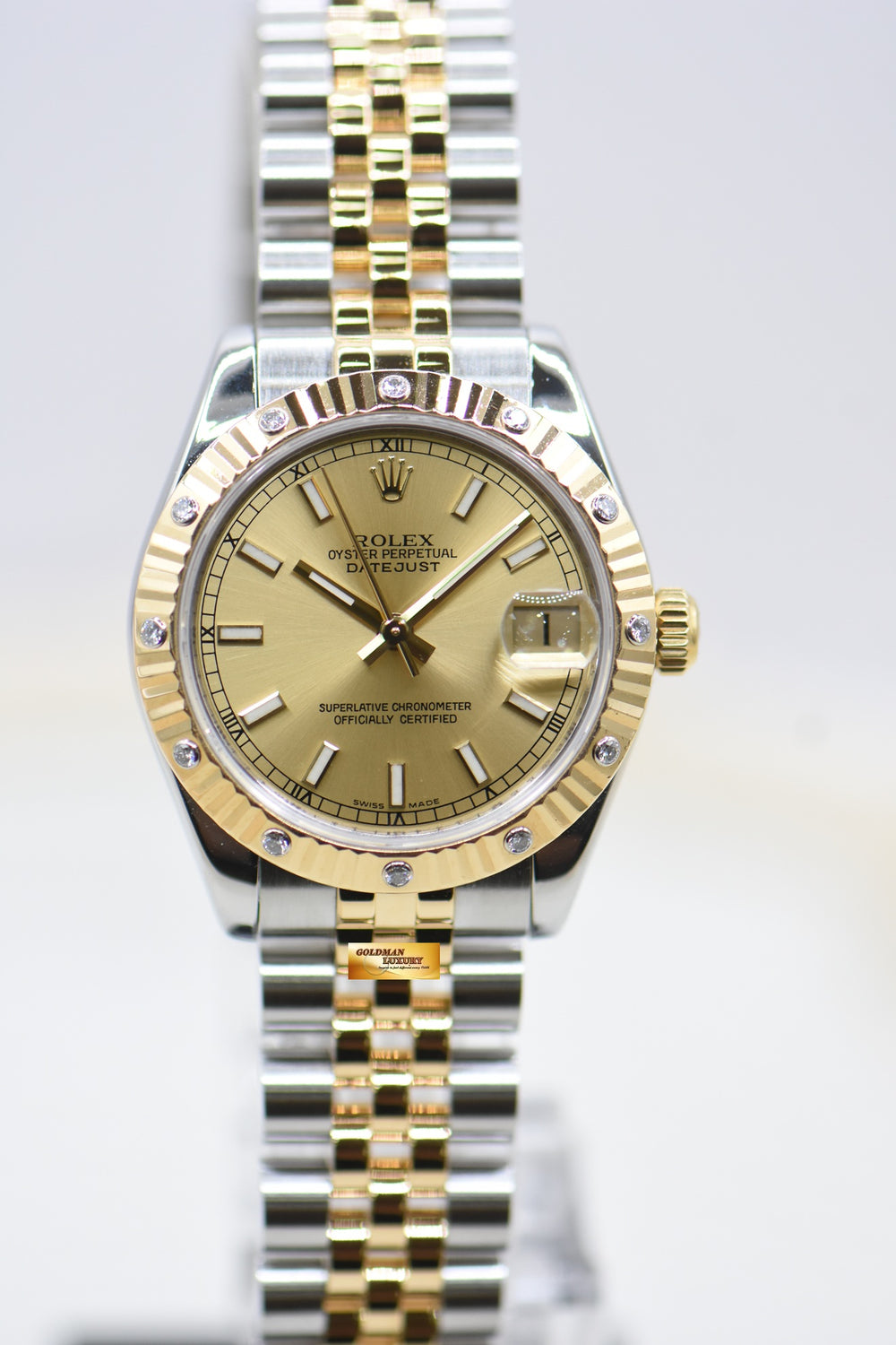 ROLEX OYSTER PERPETUAL DATEJUST 31mm GOLD SUNDUST DIAL HALF-GOLD JUBILEE IN BRACELET ORIGINAL DIAMOND BEZEL 178313 (MINT)