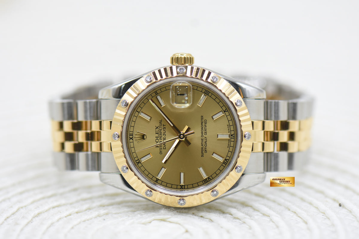 ROLEX OYSTER PERPETUAL DATEJUST 31mm GOLD SUNDUST DIAL HALF-GOLD JUBILEE IN BRACELET ORIGINAL DIAMOND BEZEL 178313 (MINT)