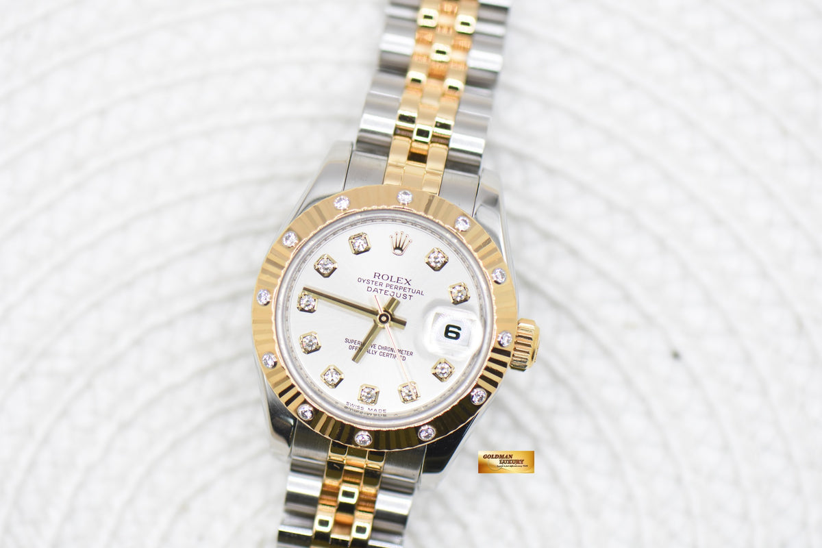 ROLEX OYSTER PERPETUAL DATEJUST 26mm SILVER DIAMOND DIAL HALF-GOLD JUBILEE IN BRACELET ORIGINAL DIAMOND BEZEL 179313 (MINT)