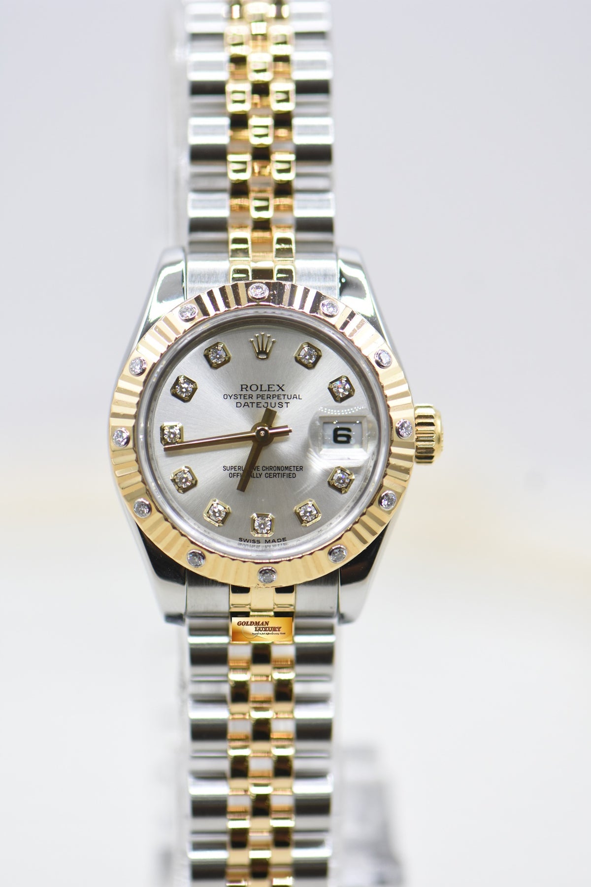 ROLEX OYSTER PERPETUAL DATEJUST 26mm SILVER DIAMOND DIAL HALF-GOLD JUBILEE IN BRACELET ORIGINAL DIAMOND BEZEL 179313 (MINT)