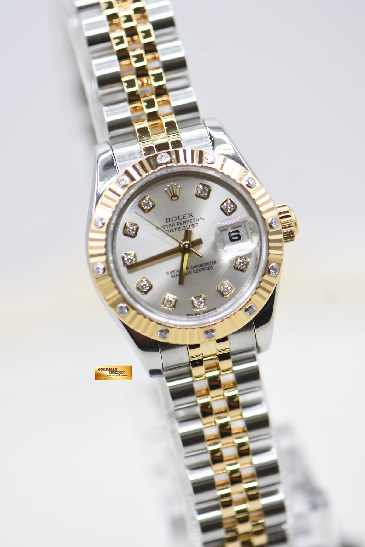 ROLEX OYSTER PERPETUAL DATEJUST 26mm SILVER DIAMOND DIAL HALF-GOLD JUBILEE IN BRACELET ORIGINAL DIAMOND BEZEL 179313 (MINT)