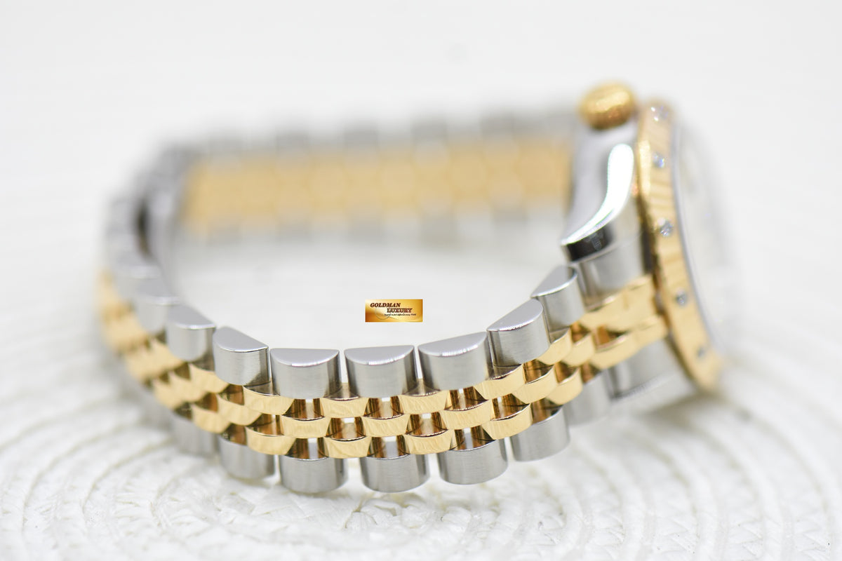 ROLEX OYSTER PERPETUAL DATEJUST 26mm SILVER DIAMOND DIAL HALF-GOLD JUBILEE IN BRACELET ORIGINAL DIAMOND BEZEL 179313 (MINT)