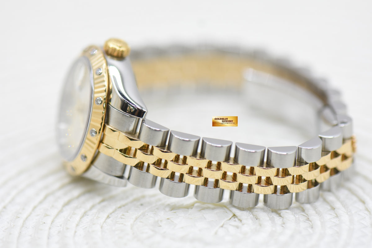 ROLEX OYSTER PERPETUAL DATEJUST 26mm SILVER DIAMOND DIAL HALF-GOLD JUBILEE IN BRACELET ORIGINAL DIAMOND BEZEL 179313 (MINT)