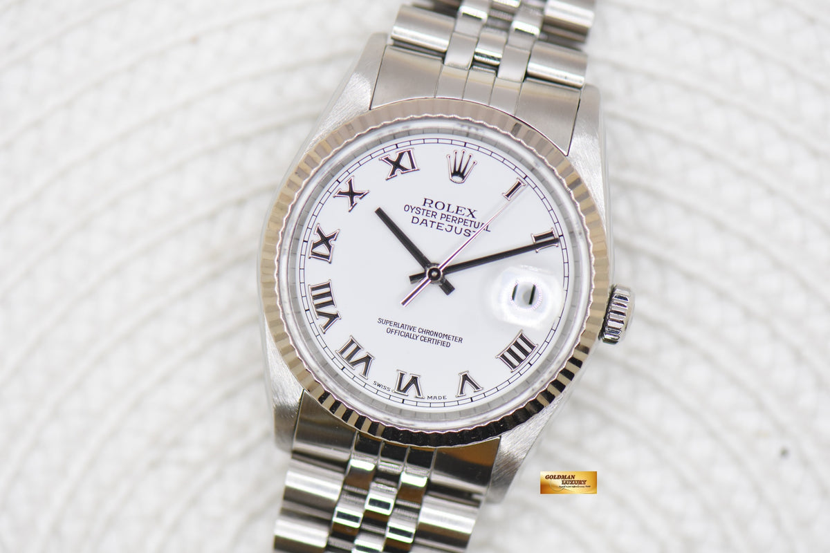ROLEX OYSTER DATEJUST 36mm STEEL IN JUBILEE BRACELET WHITE ROMAN DIAL 16234 (MINT)