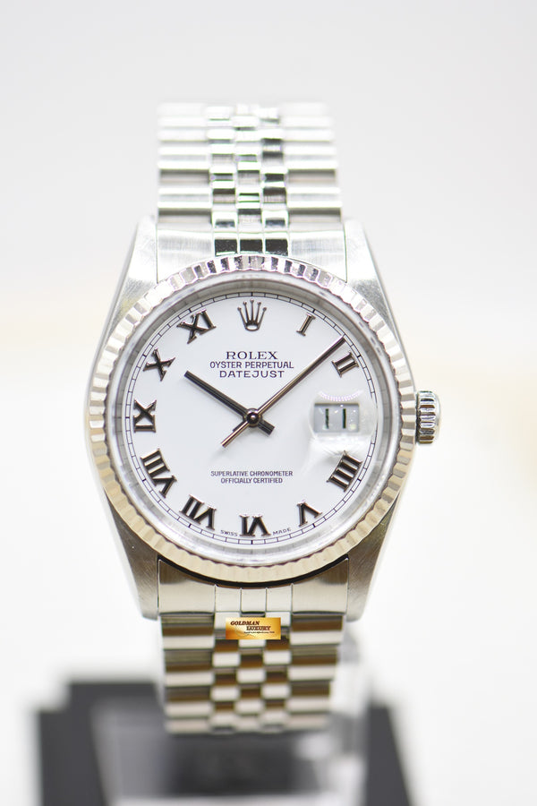 ROLEX OYSTER DATEJUST 36mm STEEL IN JUBILEE BRACELET WHITE ROMAN DIAL 16234 (MINT)
