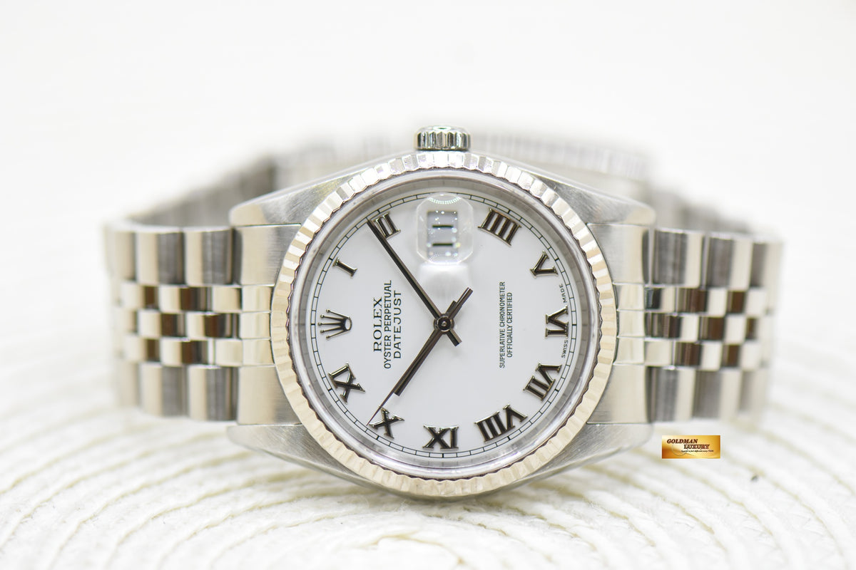 ROLEX OYSTER DATEJUST 36mm STEEL IN JUBILEE BRACELET WHITE ROMAN DIAL 16234 (MINT)