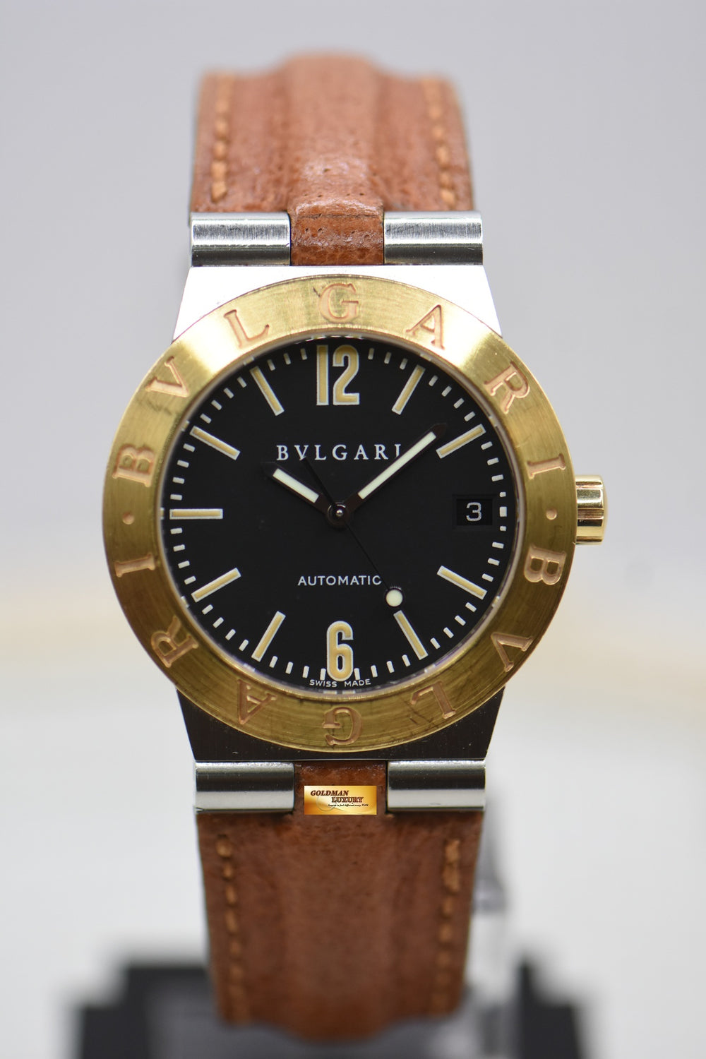 BVLGARI DIAGONO 35mm HALF-GOLD LEATHER STRAP BLACK LC35SG (MINT)