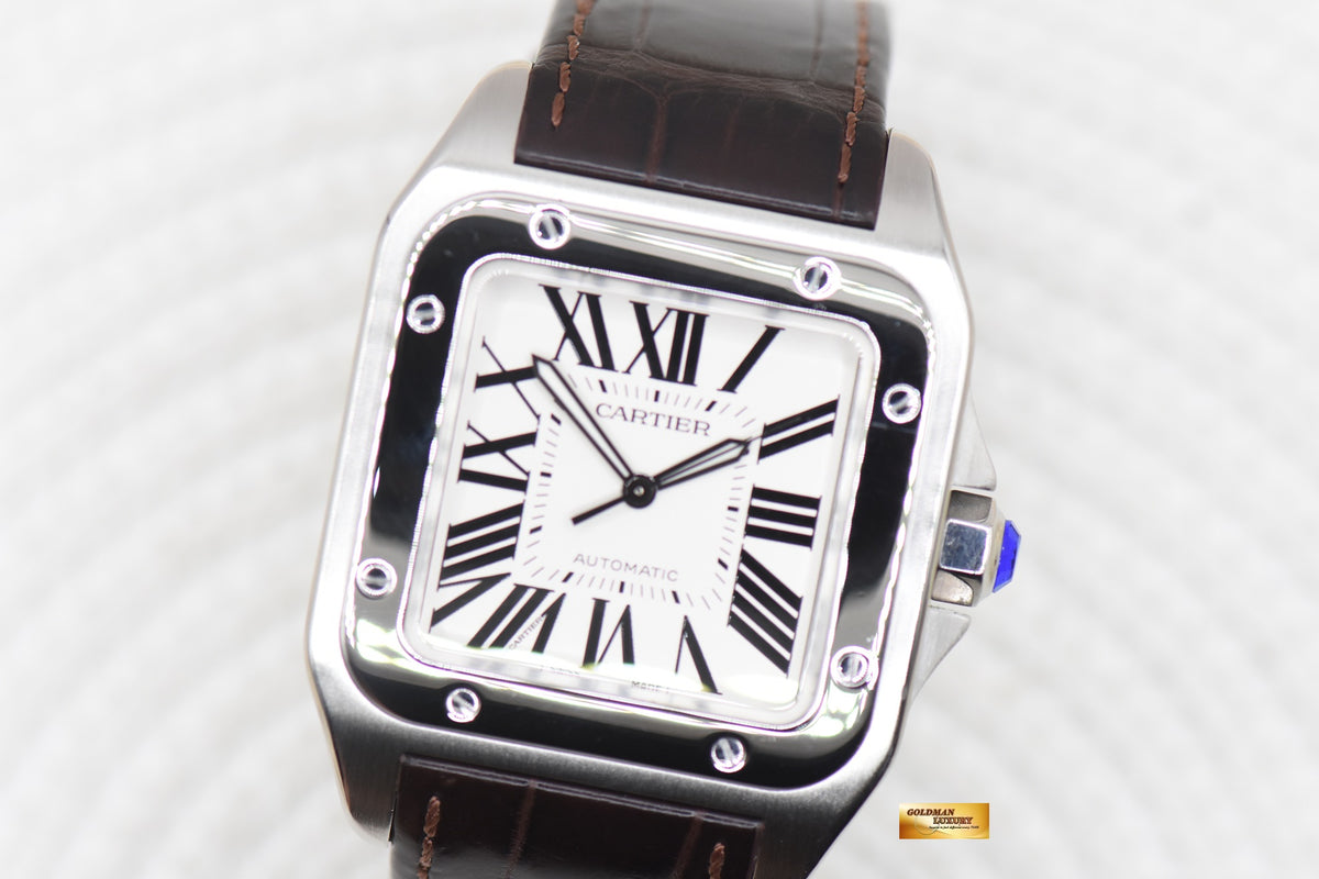 CARTIER SANTOS 100 XL STEEL IN LEATHER STRAP AUTOMATIC W20073X8 (MINT)