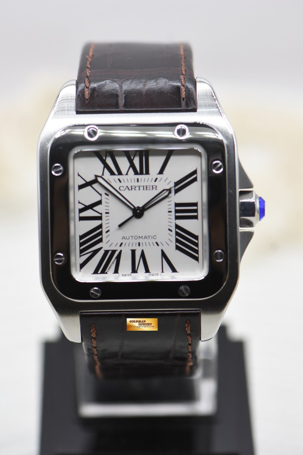 CARTIER SANTOS 100 XL STEEL IN LEATHER STRAP AUTOMATIC W20073X8 (MINT)