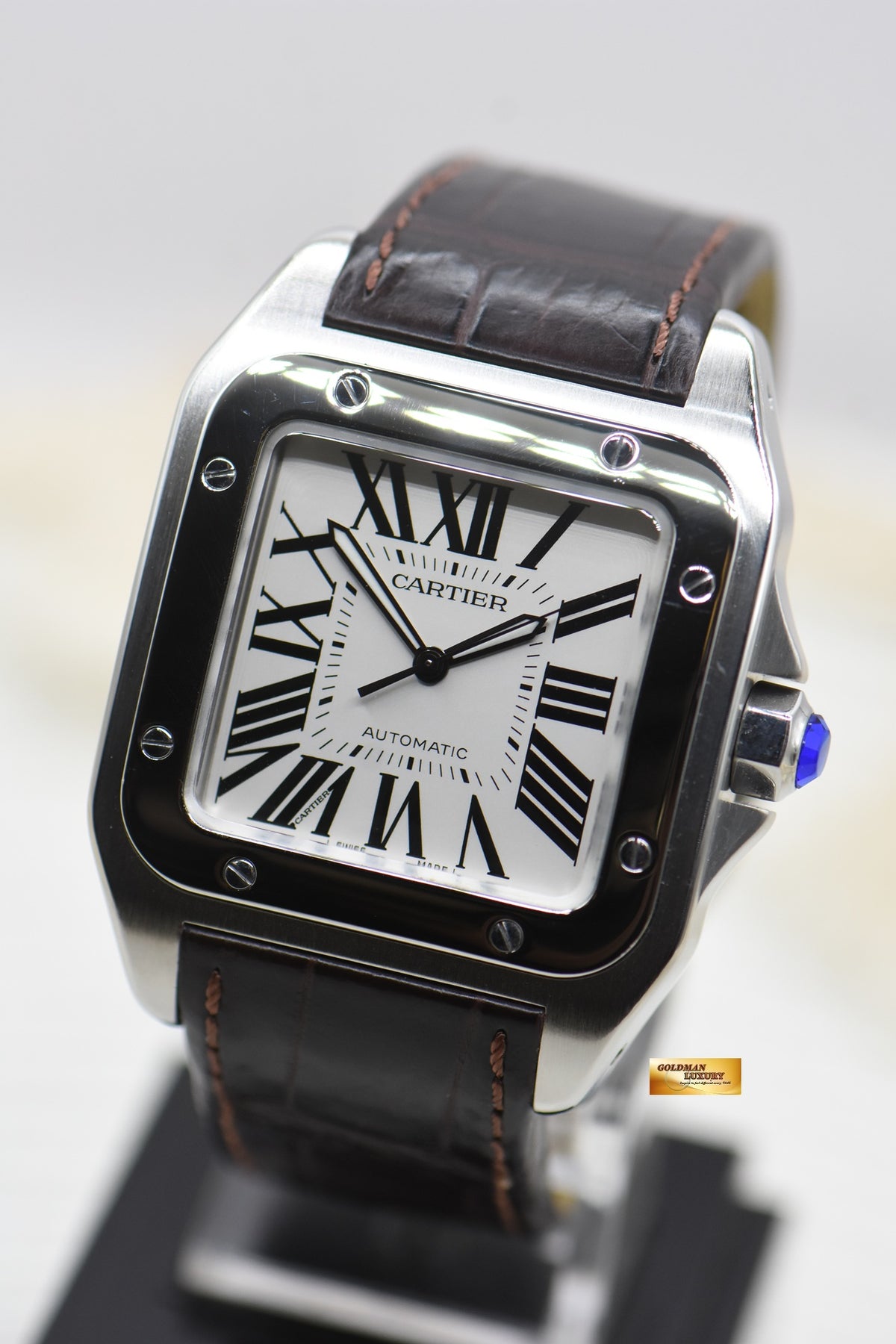 CARTIER SANTOS 100 XL STEEL IN LEATHER STRAP AUTOMATIC W20073X8 (MINT)