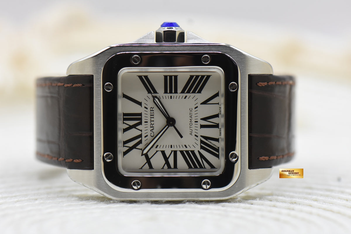 CARTIER SANTOS 100 XL STEEL IN LEATHER STRAP AUTOMATIC W20073X8 (MINT)