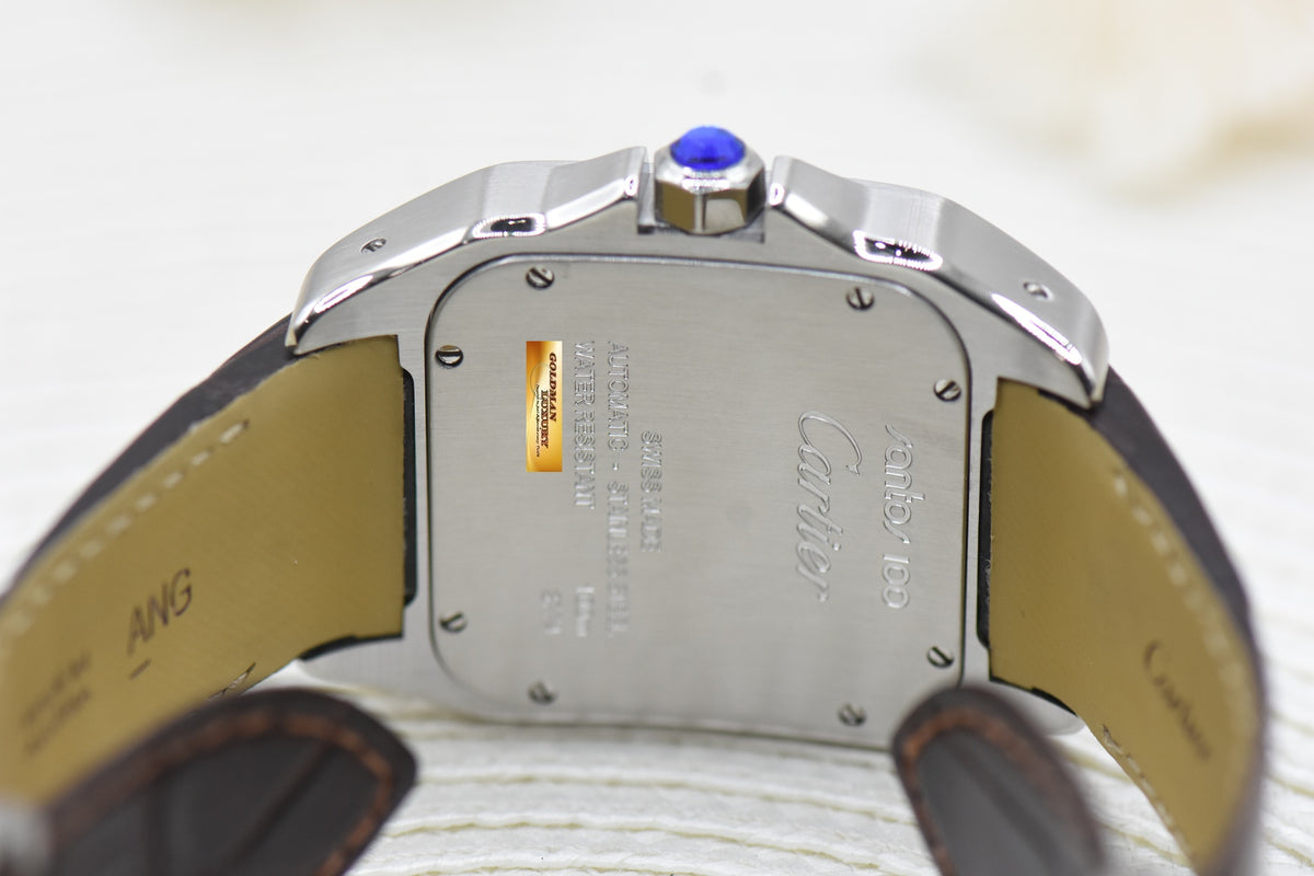 CARTIER SANTOS 100 XL STEEL IN LEATHER STRAP AUTOMATIC W20073X8 (MINT)