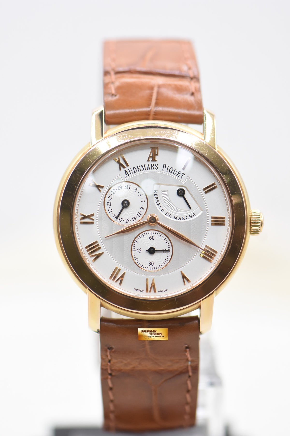 AP JULES AUDEMARS POWER RESERVE 36mm ROSE GOLD IN LEATHER STRAP MANUAL 25955OR (MINT)